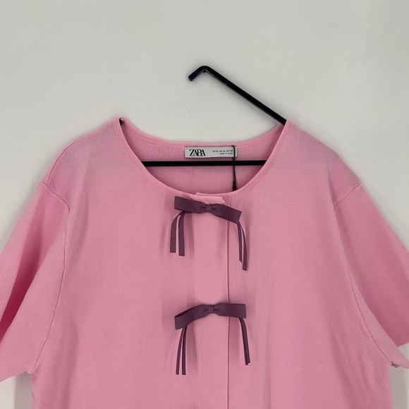 Zara Knit Dress With Contrasting Bows In Pink - Picture 1 of 6